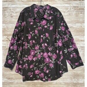 Roamans Kate Big Shirt Button Down Blouse Womens 28W Dark Gray Rose Floral